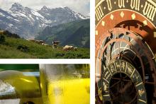Collage of Clock, mountains and white wine bottle. Photos by A. Haenni