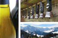 Collage of Swiss wine bottle, Swiss cow bells, and Swiss mountain range. Photos by. A. Haenni